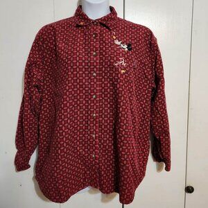 VTG 90s XL Mickey Unlimited Disney Red/Burgundy Plaid Corduroy Button Up Shirt
